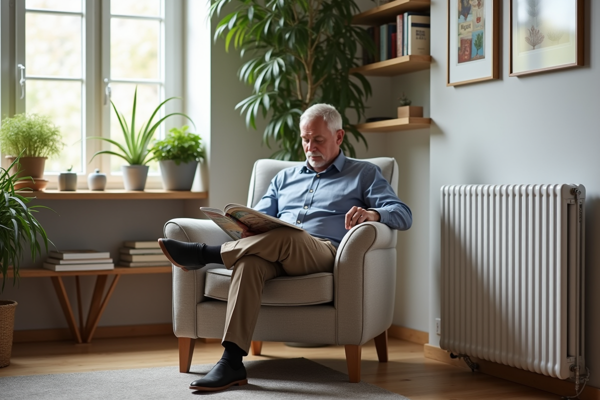Homme lisant près d’un radiateur dans un bureau lumineux