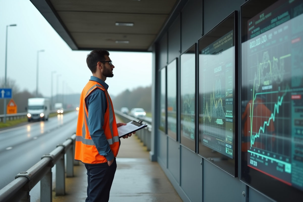 Jeune ingénieur surveille un panneau digital sur l