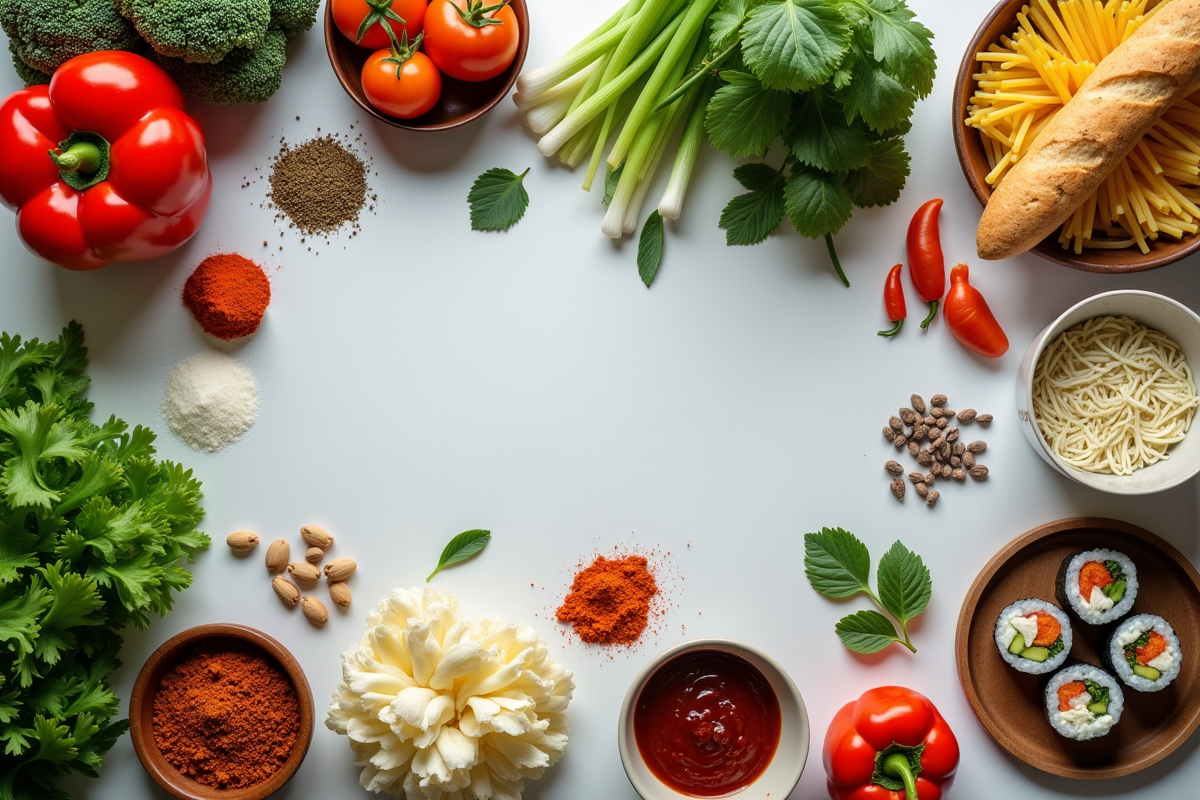 Ingrédients variés et ustensiles sur une cuisine moderne