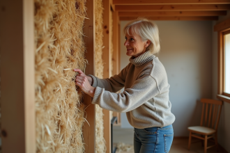 Femme installant de la paille dans un mur rustique
