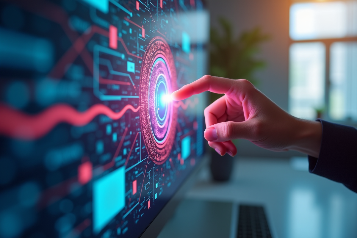 Main manipulant une interface tactile avec algorithmes quantiques