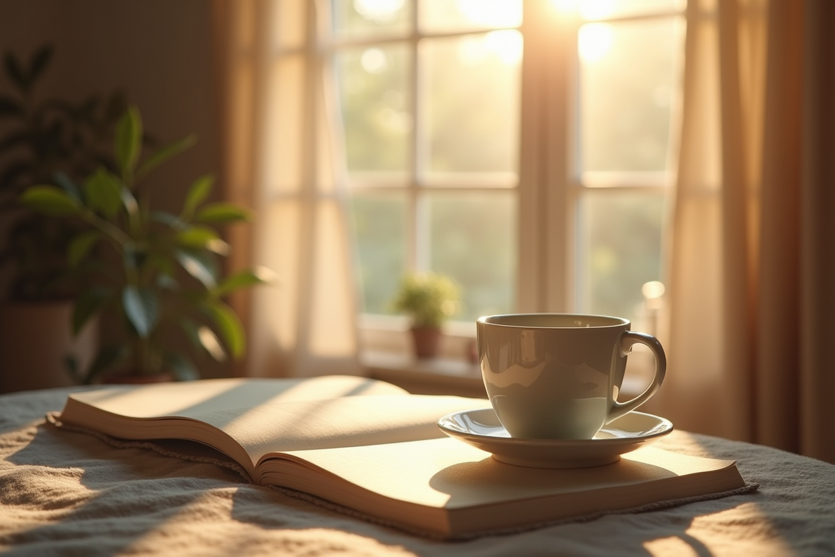 Intérieur cosy avec thé et carnet pour la selfcare