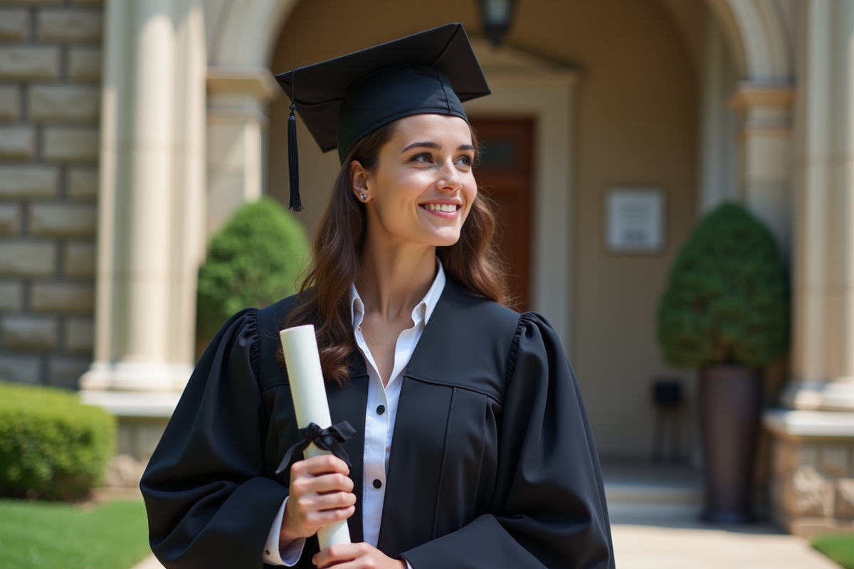 Jeune femme en robe de graduation devant l universite