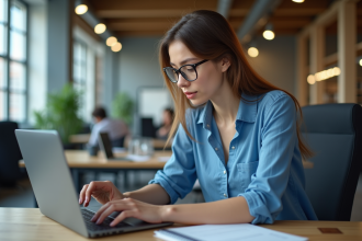 Jeune femme concentrée travaillant sur son ordinateur dans un bureau moderne