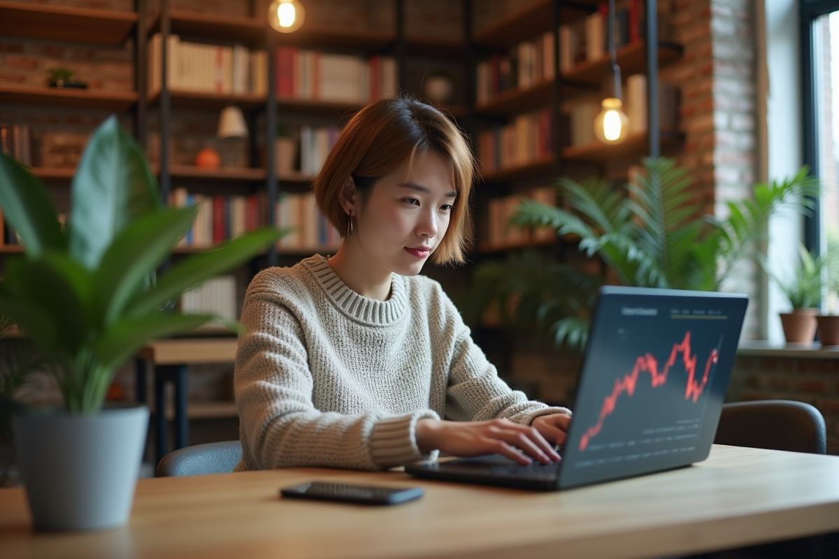 Jeune femme curieuse utilisant un ordinateur dans un cafe coworking