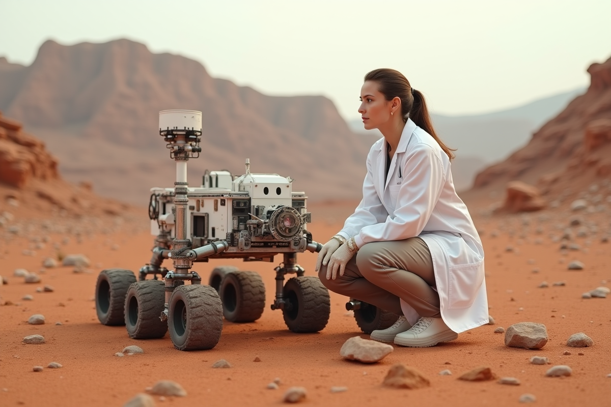 Jeune scientifique près du rover sur un terrain martien simulé