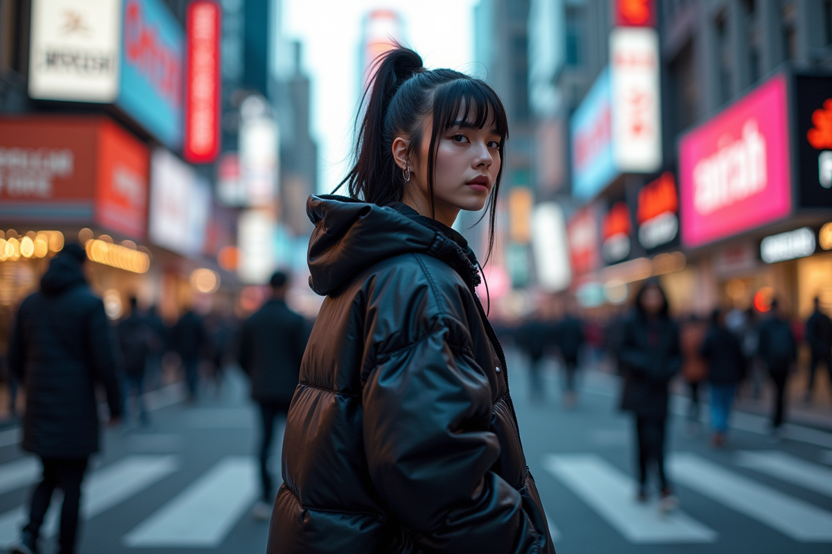 Jeune femme en streetwear sur un passage piéton en ville