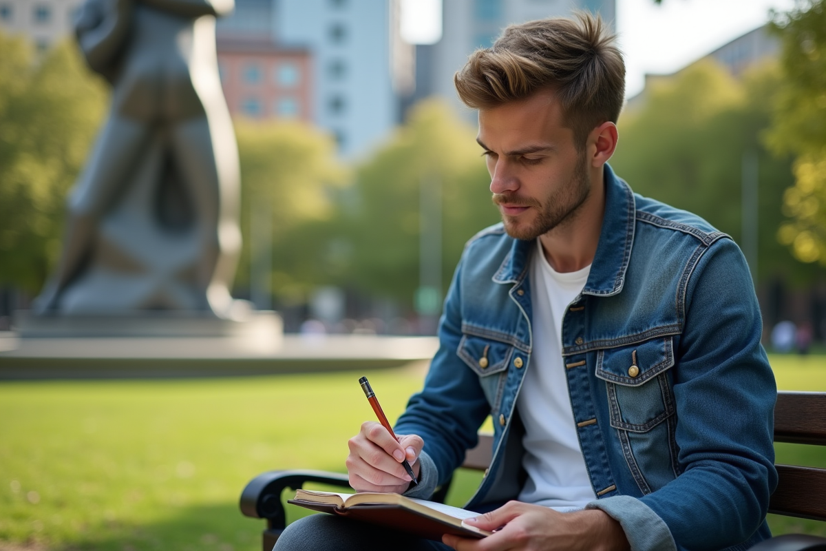 Jeune homme dessinant dans un parc urbain avec sculpture cubiste