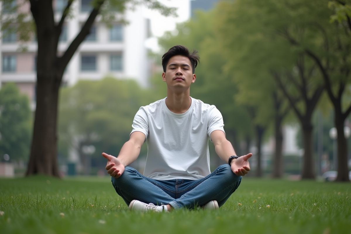 Jeune homme méditant dans un parc urbain calme