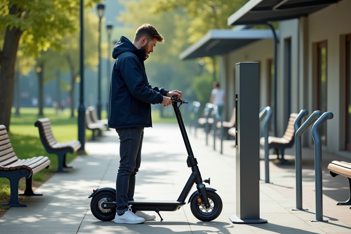 Jeune homme sécurisant son scooter dans un parc moderne