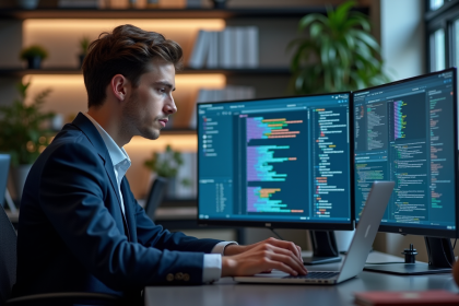 Jeune professionnel en bureau moderne avec &eacute;crans color&eacute;s