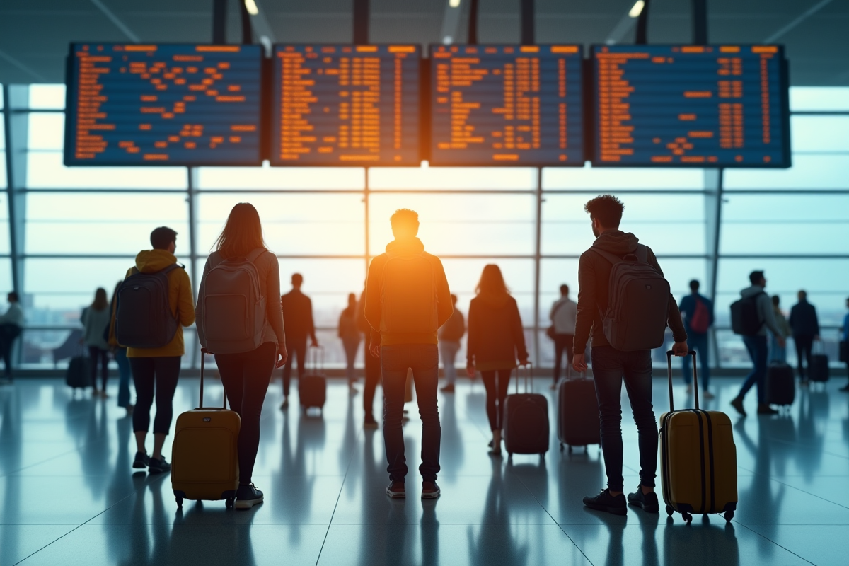 Groupe de jeunes voyageurs vérifiant le tableau d