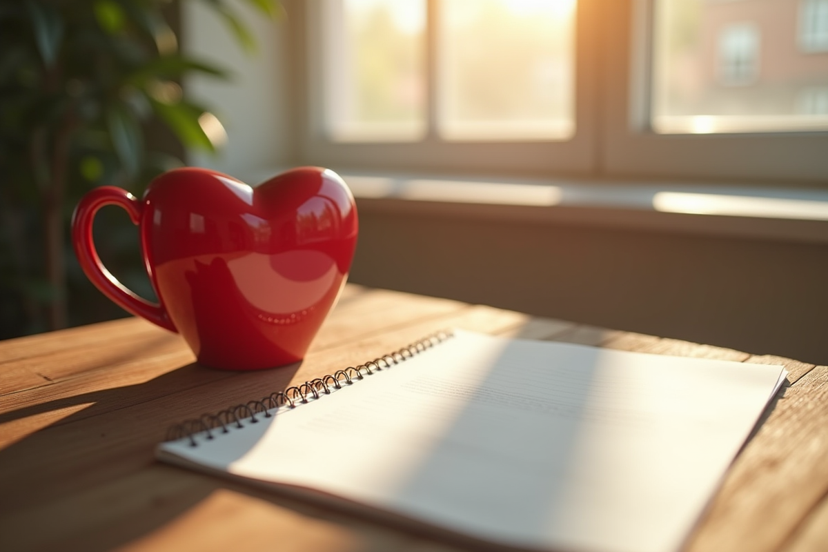 Une lettre écrite à la main et une tasse en forme de cœur rouge