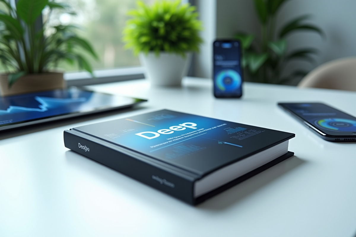 Zoom sur un livret Deep avec appareils numériques et plantes vertes