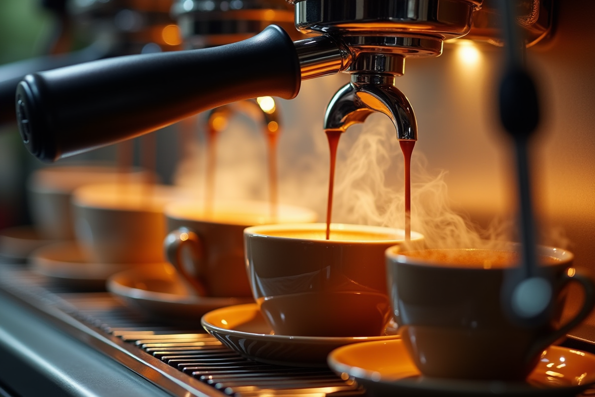 Machine à café préparant plusieurs tasses avec vaisselle désordonnée