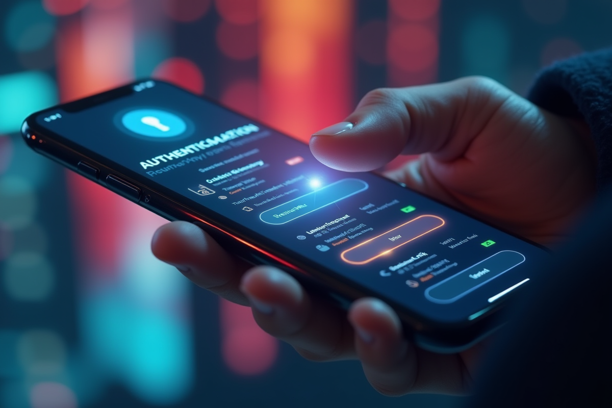 Main tenant un smartphone avec applications de sécurité numérique