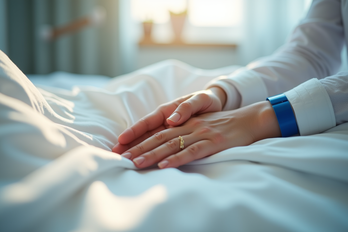 Mains reposant sur un lit d