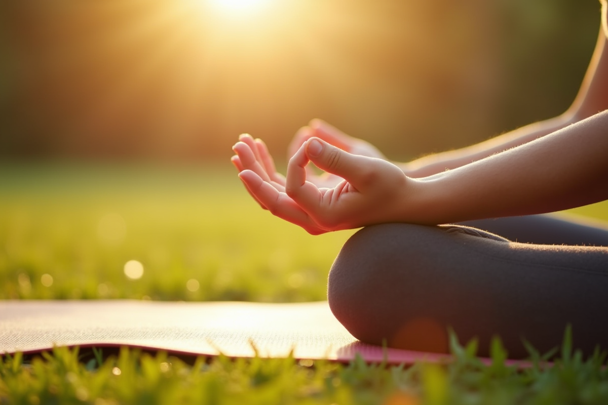 Mains en mudra méditatif dans un parc au matin