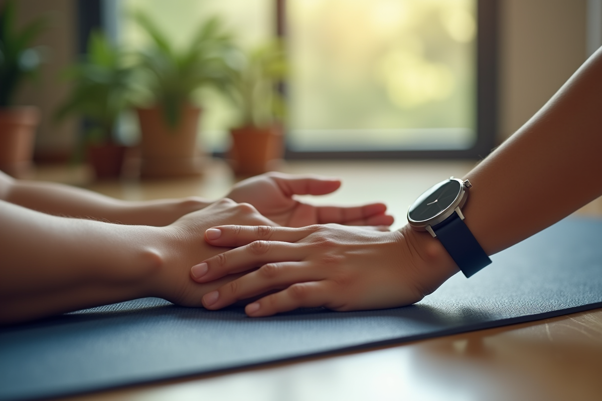 Mains reposant sur un tapis de yoga avec montre et plantes