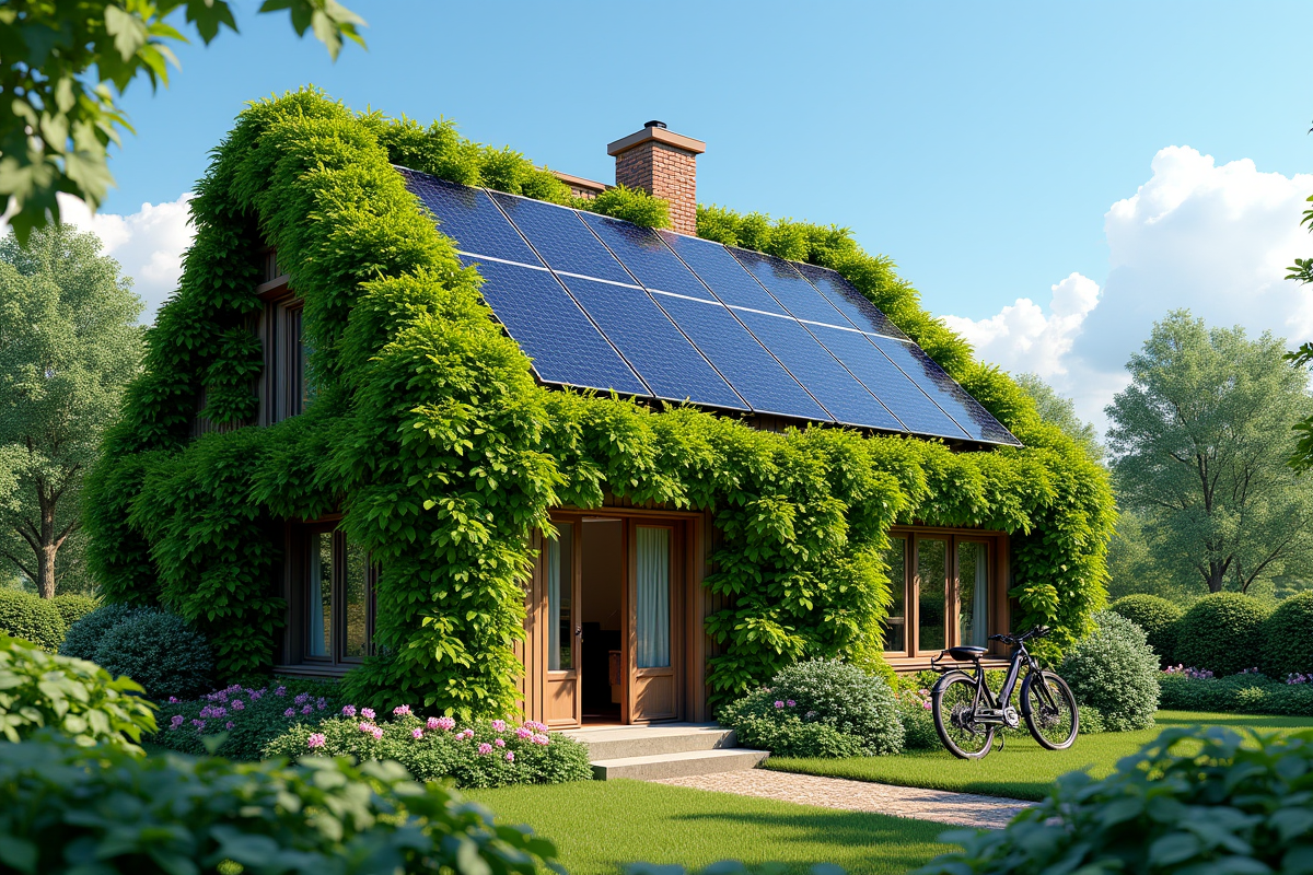 Maison rénovée couverte de lierre et panneaux solaires avec jardin