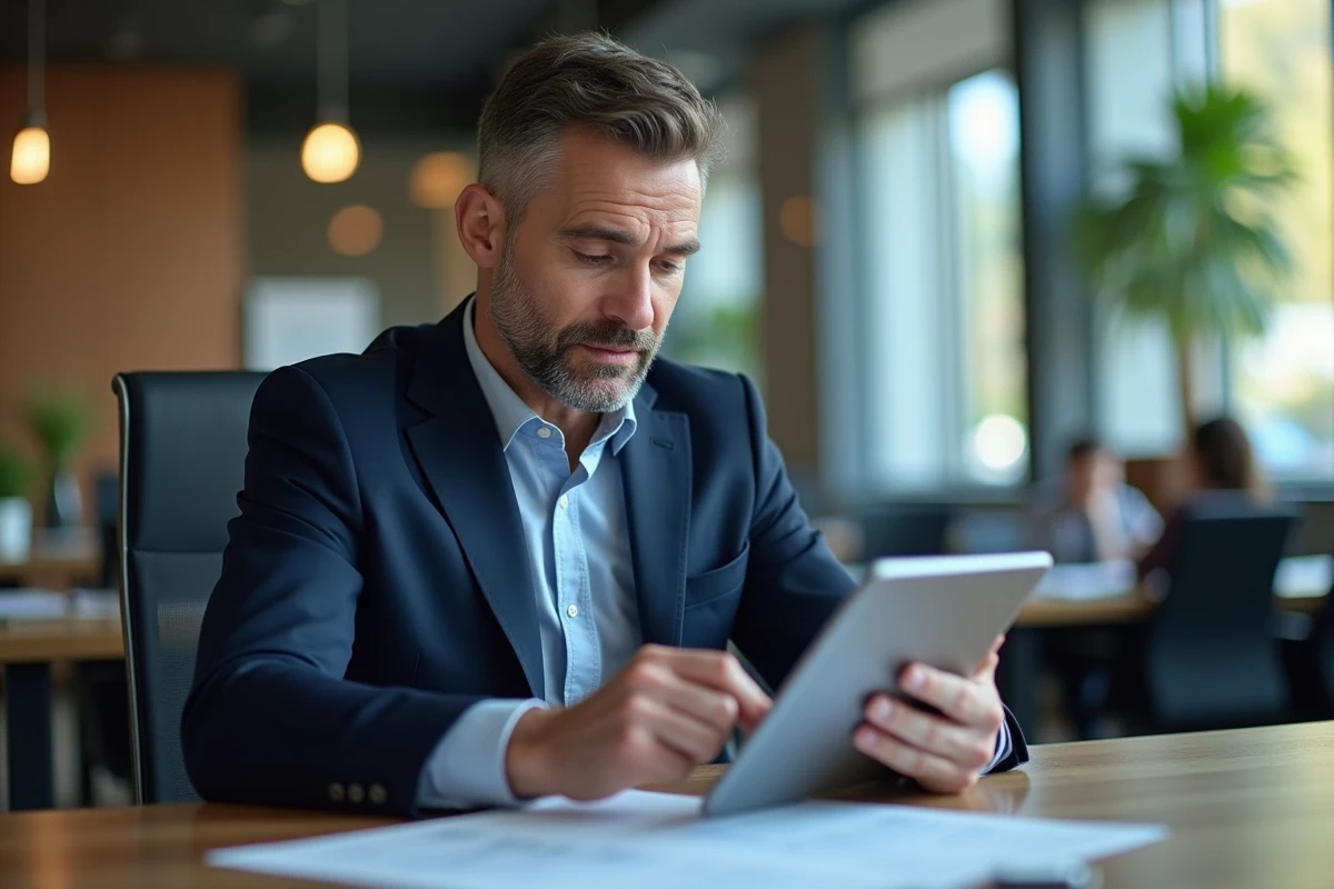 Manager en costume navy examine un rapport digital
