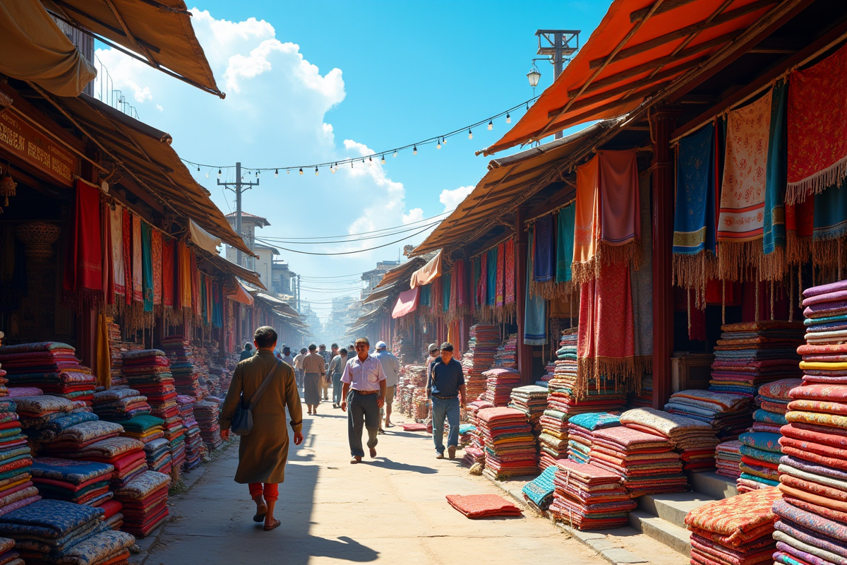 Marché textile en plein air avec tissus colorés et visiteurs