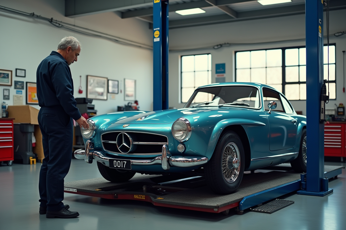 Mécanicien examinant une voiture de collection dans l