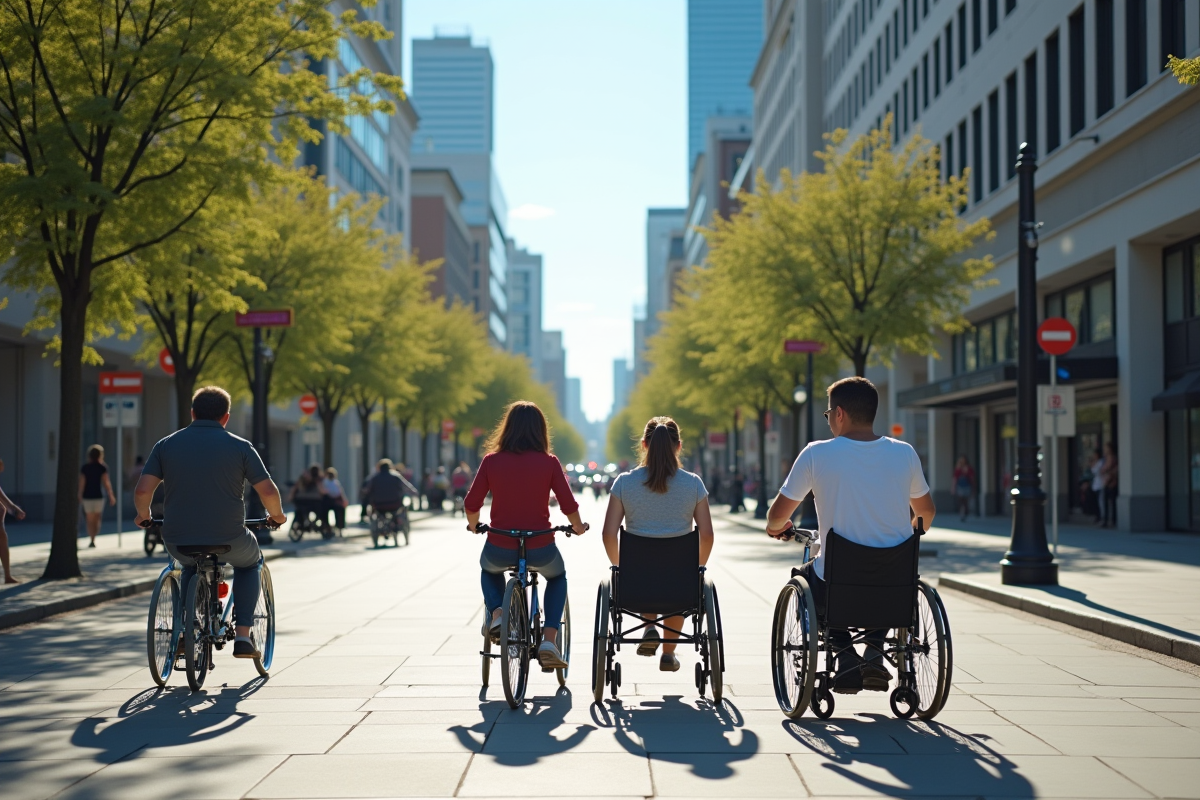 Rue urbaine animée avec personnes en vélo et fauteuils roulants