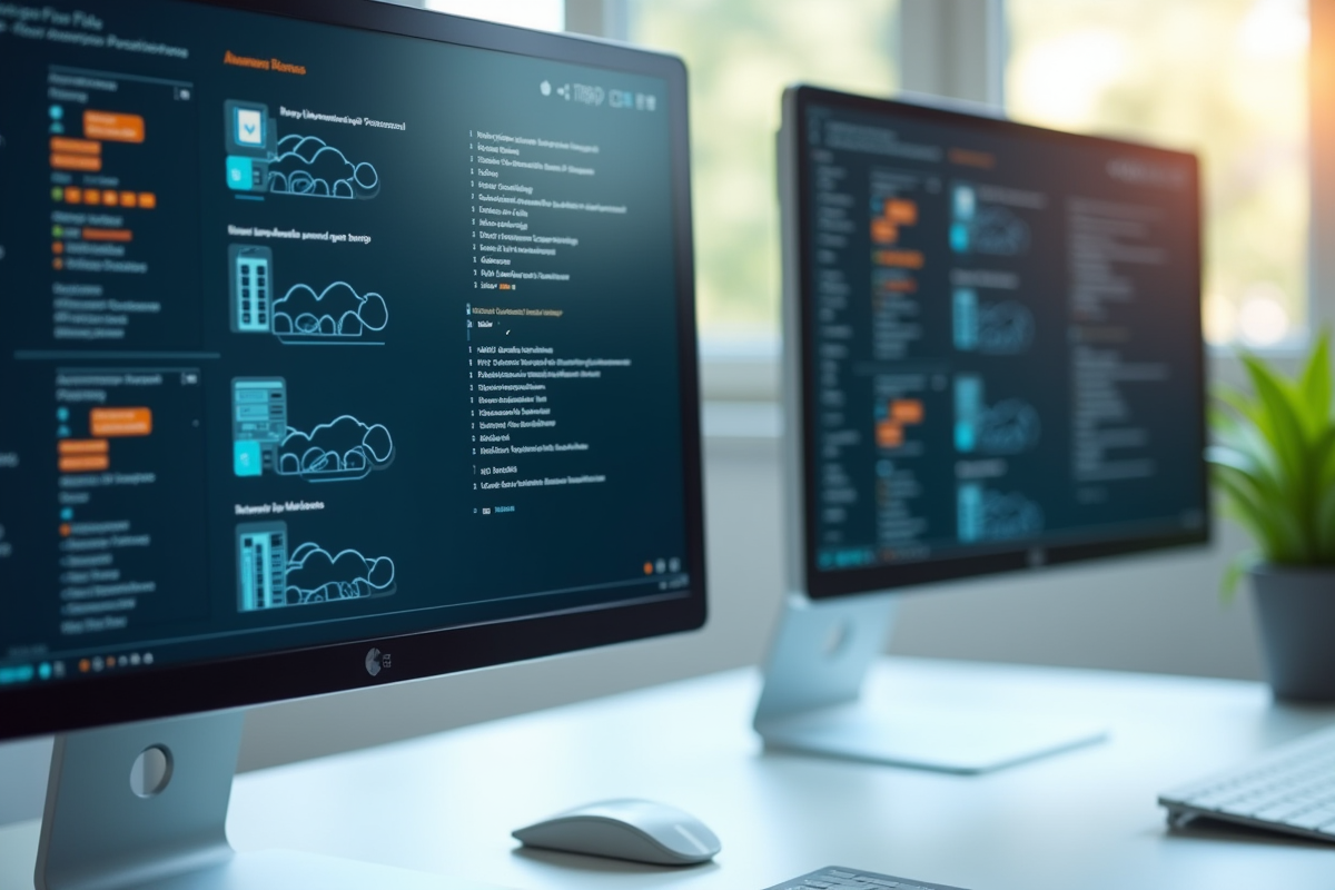 Deux écrans montrant des icônes de partage de fichiers et workflows NFS et DFS