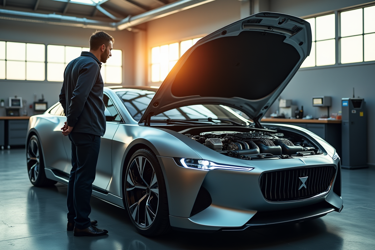 Ingenieur examine moteur hydrogene voiture ouverte