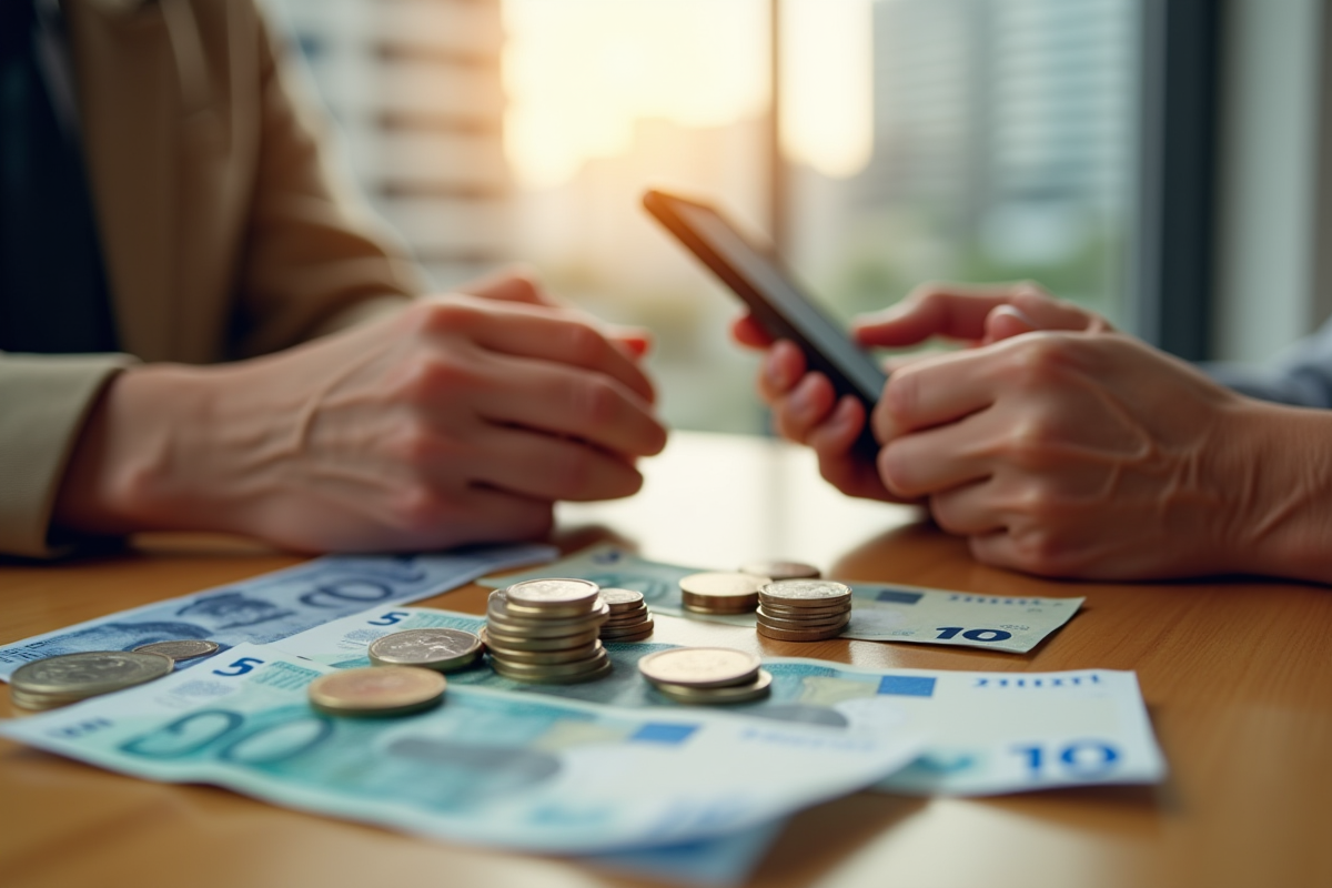 Main utilisant un smartphone pour un paiement mobile avec argent et pièces