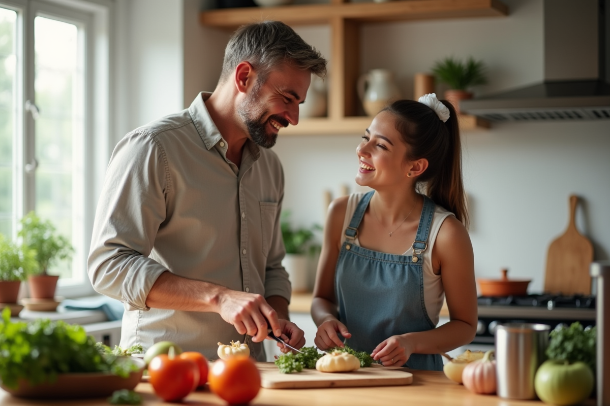 Père et fille ado cuisinant ensemble en cuisine lumineuse