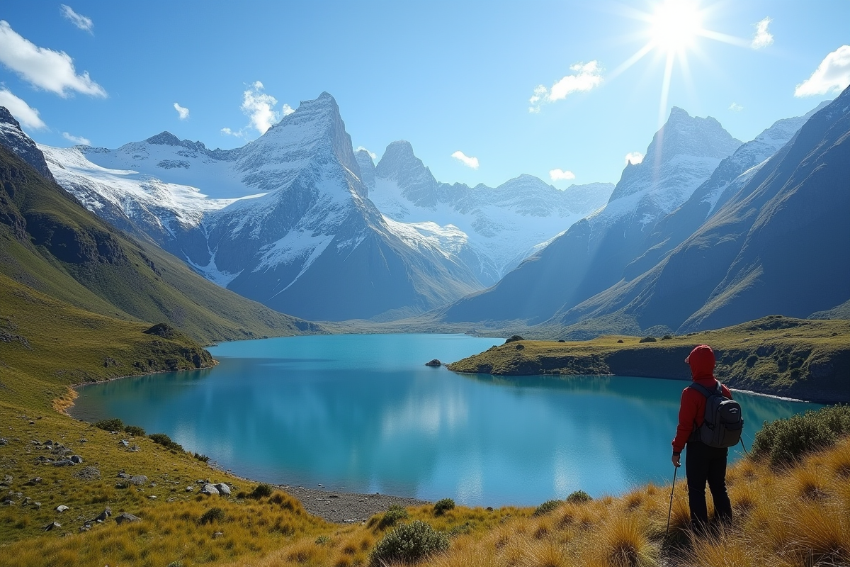 Lac paisible en Nouvelle-Zelande avec montagnes et randonneur