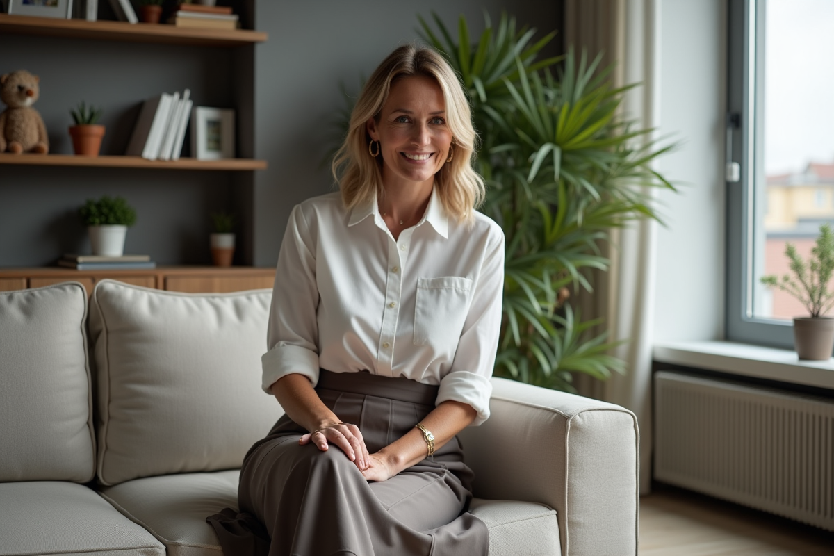Personne nonbinaire assise dans un bureau moderne