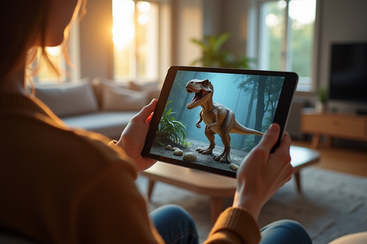 Personne tenant une tablette avec un dinosaure en 3D dans un salon moderne