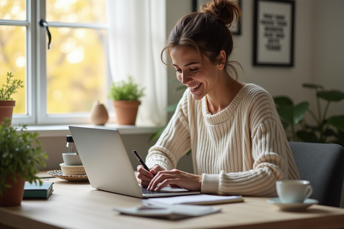 Personne souriante travaillant à domicile dans un bureau lumineux