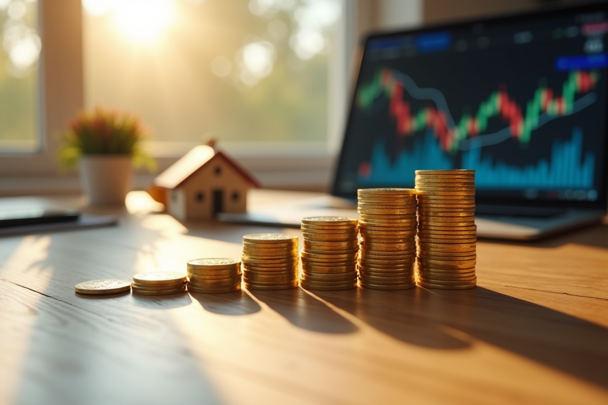 Arrangement de pièces d or une maison et des graphiques boursiers