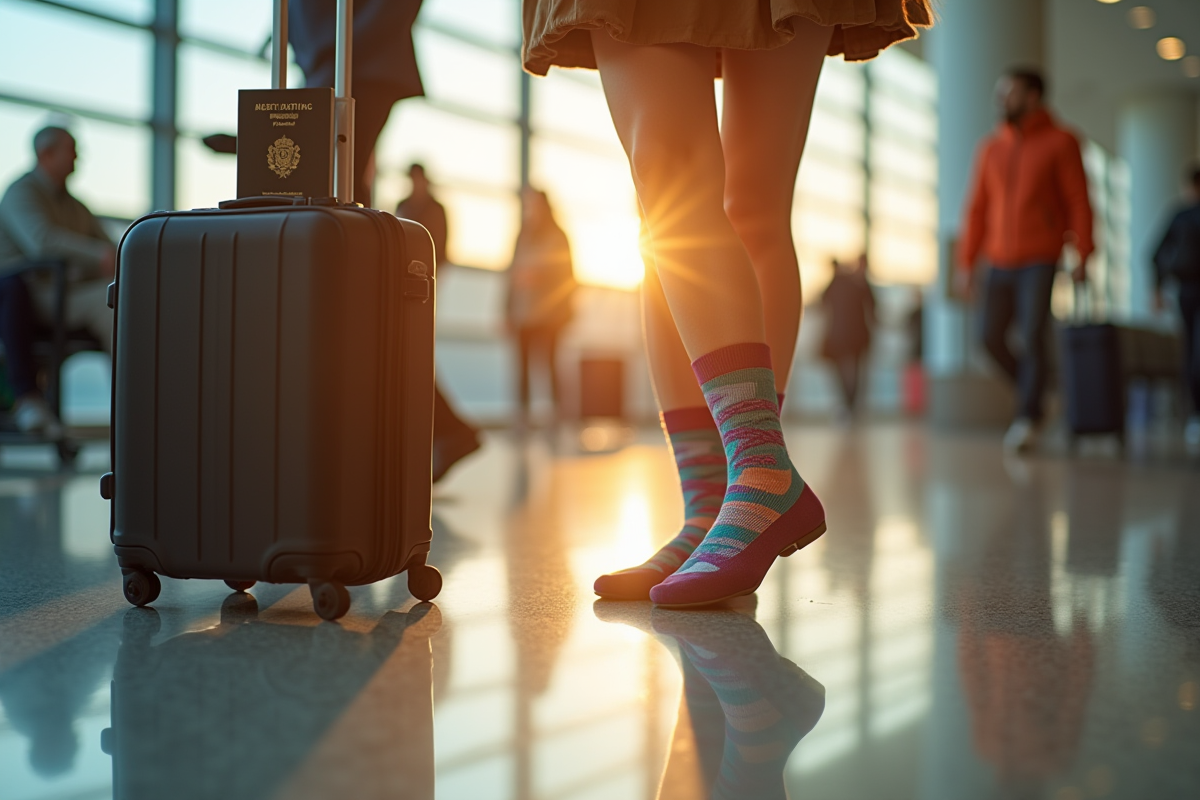 Pieds avec chaussettes de compression dans un aéroport animé