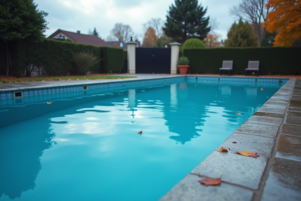 Piscine couverte et vide avec feuilles d automne