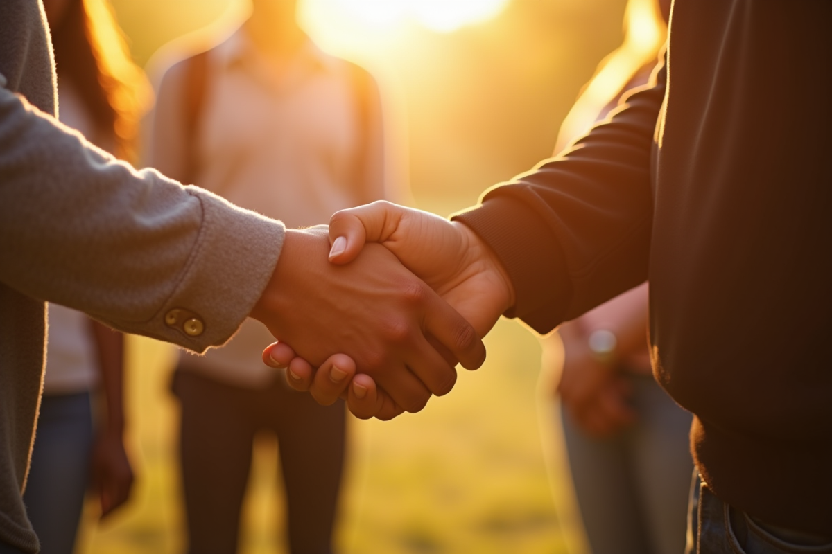 Poignée de mains entre deux personnes de couleurs différentes en communauté