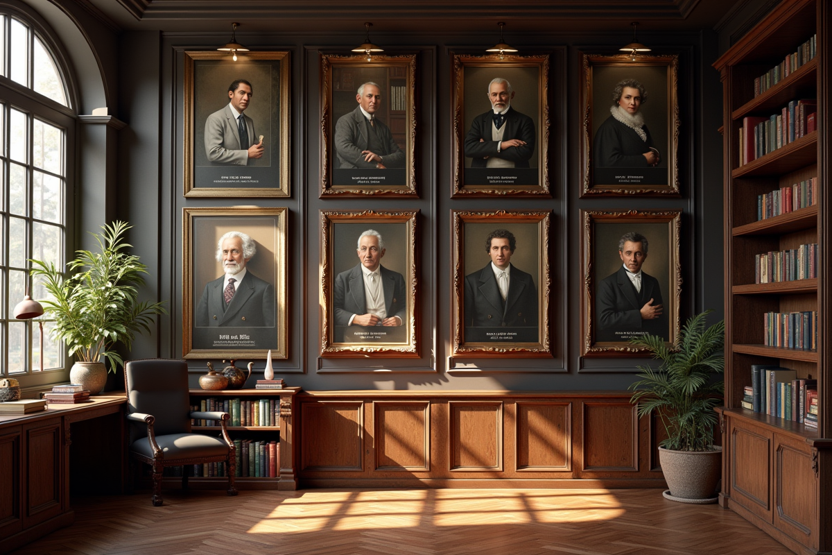 Mur avec portraits de sociologues célèbres dans une salle d
