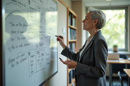 Femme en classe expliquant un diagramme sur un tableau blanc