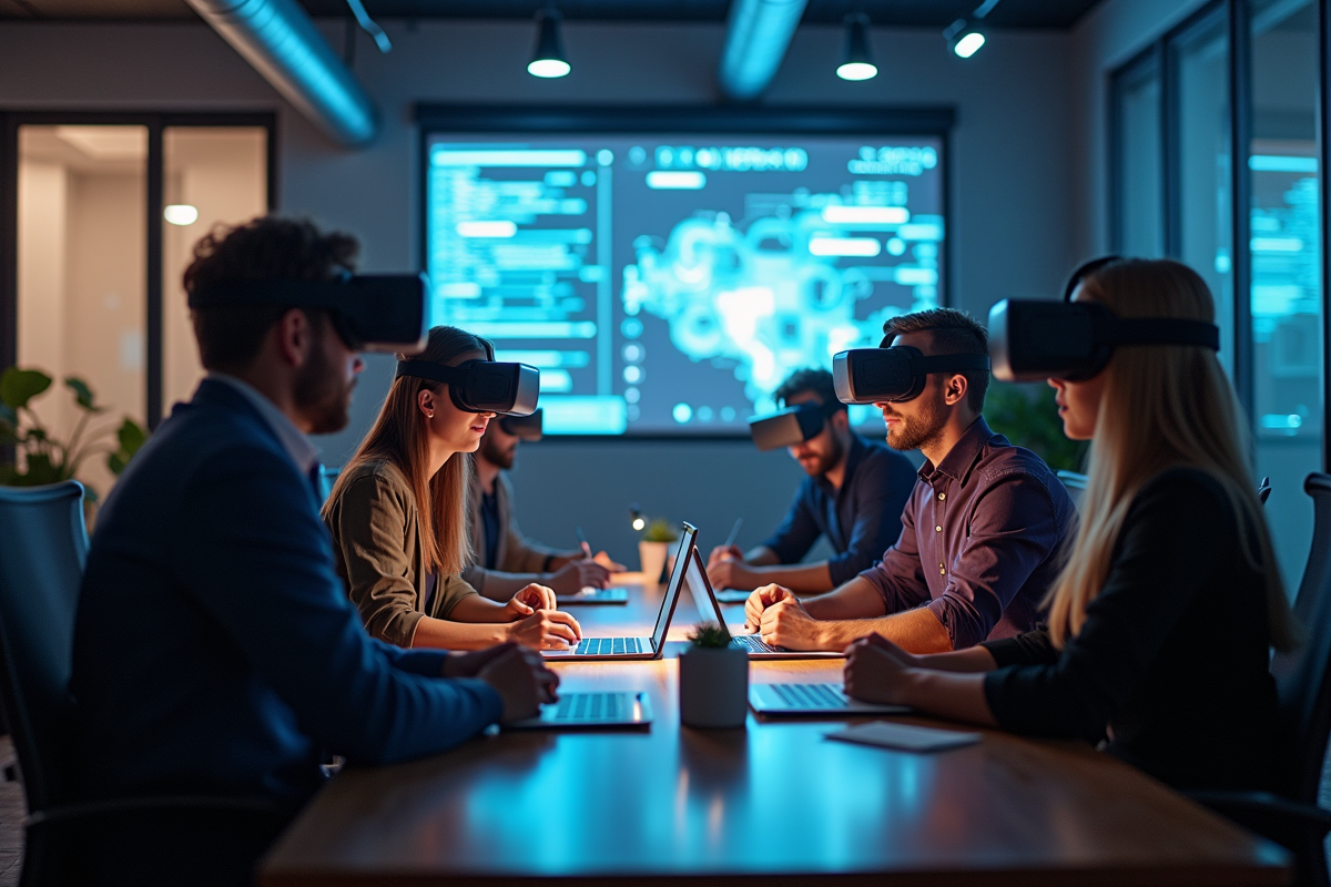 Groupe de professionnels collaborant avec gadgets high tech en espace partagé