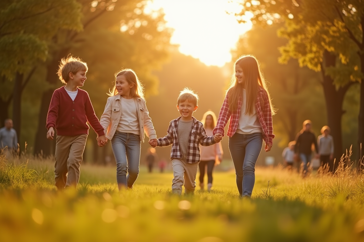Cousins se promenant dans un parc en fin d
