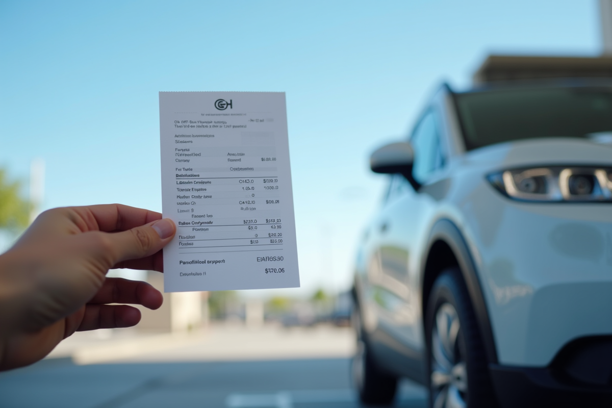 Main tenant un reçu de carburant hydrogene devant la voiture