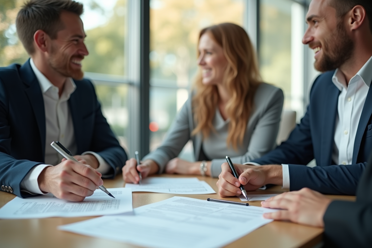 Rencontre amicale entre banquier et couple avec contrats immobiliers