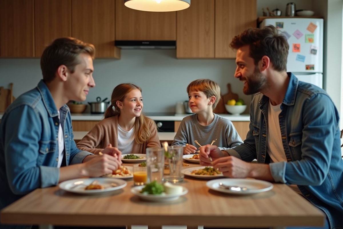 Famille melangee mangeant au diner dans une cuisine moderne