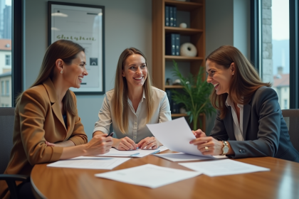 Quatre adultes en r&eacute;union de travail souriants