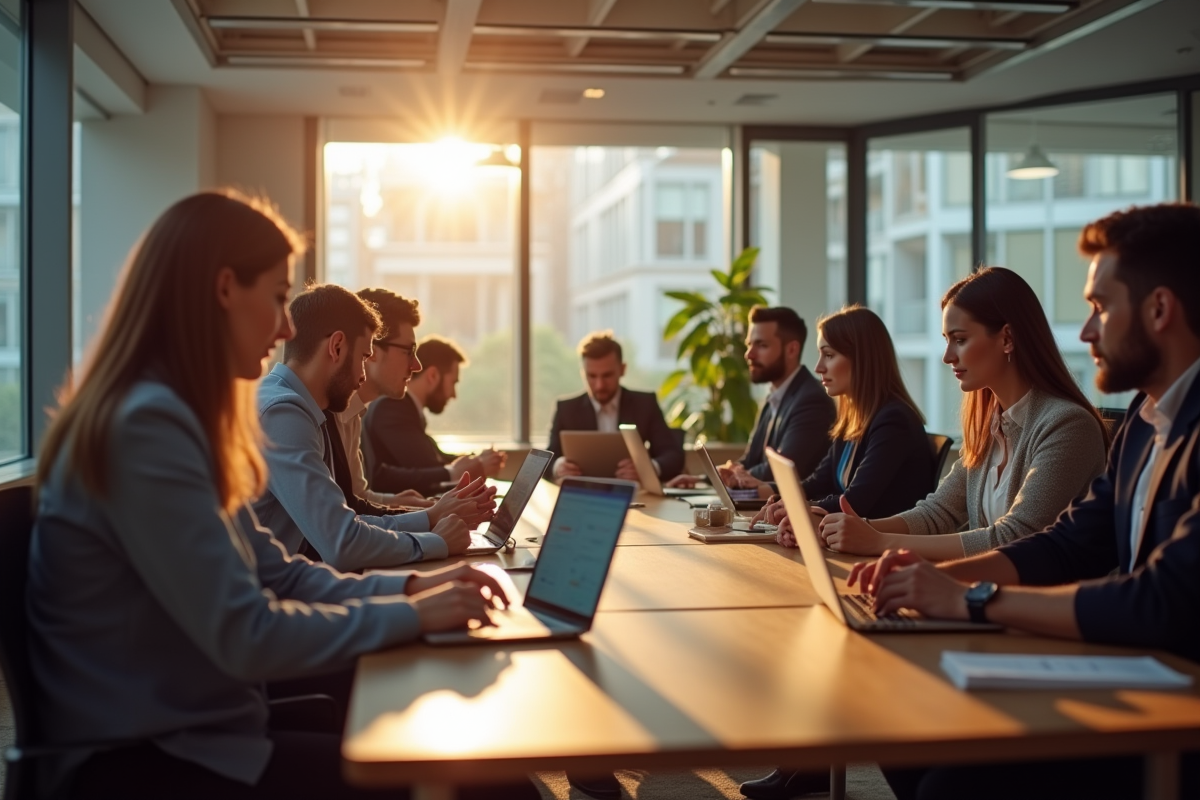 Travailleurs en réunion moderne concentrés sur leurs appareils