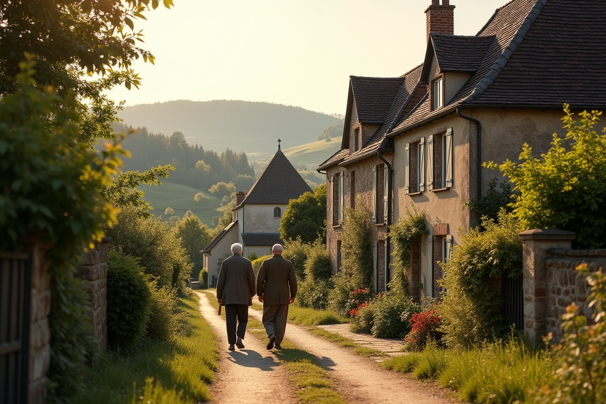 Rue de village français avec couple âgé et collines en arrière-plan